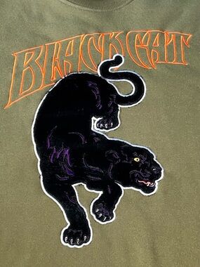 Black Cat Embroidery Graphic Olive Green Crewneck Sweatshirt Black Panther